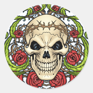 Pegatina Redonda Calavera y Rosas con corona de honores de Al Río
