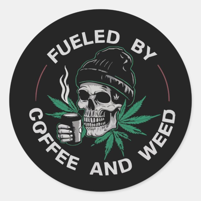 Pegatina Redonda calavera y sujetando una taza de café humeante (Anverso)