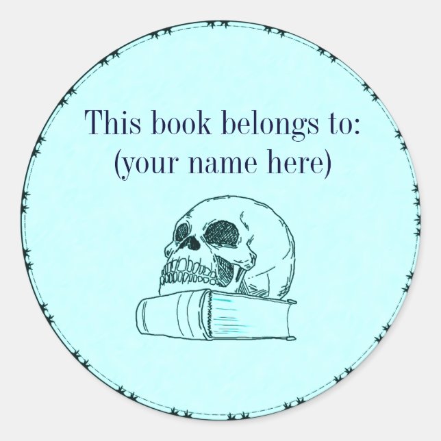 Pegatina Redonda Calavera y un libro, azul claro (Anverso)