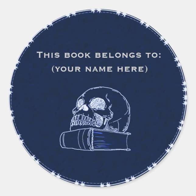 Pegatina Redonda Calavera y un libro, azul oscuro (Anverso)