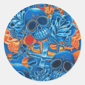 Pegatina Redonda Calaveras azules y Naranjas