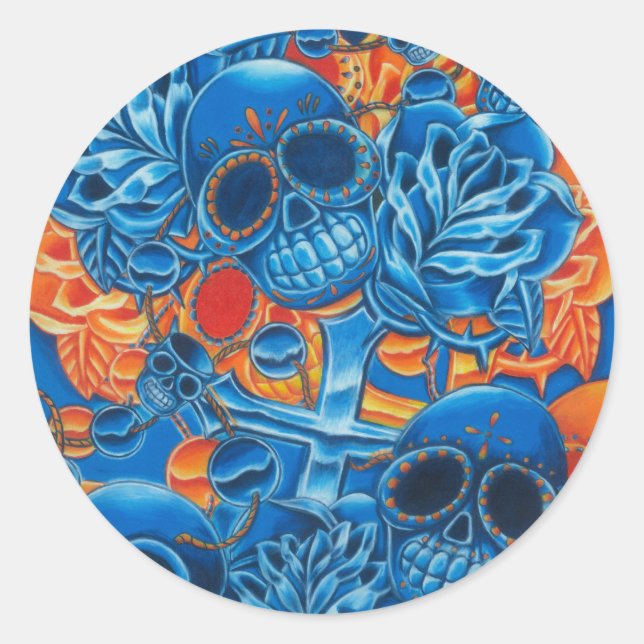 Pegatina Redonda Calaveras azules y Naranjas (Anverso)