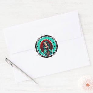 Pegatina Redonda Calaveras de Azúcar con Rosas Turquesas y Rojas