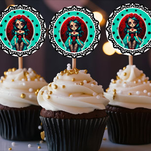 Pegatina Redonda Calaveras de Azúcar con Rosas Turquesas y Rojas