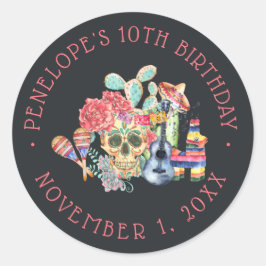Pegatina Redonda Calaveras de Azúcar Cumpleaños Día de los Muertos
