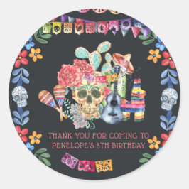Pegatina Redonda Calaveras de Azúcar Cumpleaños Día de los Muertos