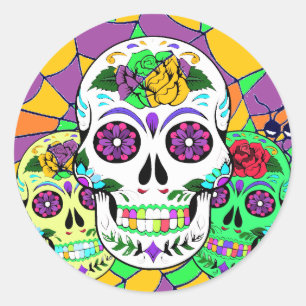 Pegatina Redonda Calaveras de azúcar de Halloween coloridas