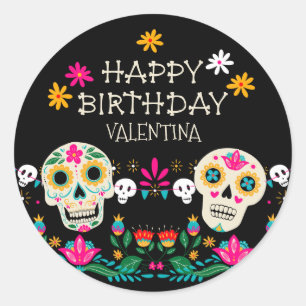 Pegatina Redonda Calaveras de Azúcar del Día de Muertos Feliz Cumpl