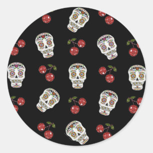 Pegatina Redonda Calaveras de Azúcar Rockabilly RAB Cerezas Sobre N