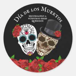 Pegatina Redonda Calaveras de Azúcar Vintage Rosas Rojas