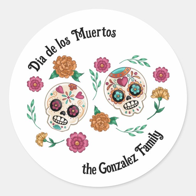Pegatina Redonda Calaveras de Azúcar y Flores del Día de Muertos (Anverso)