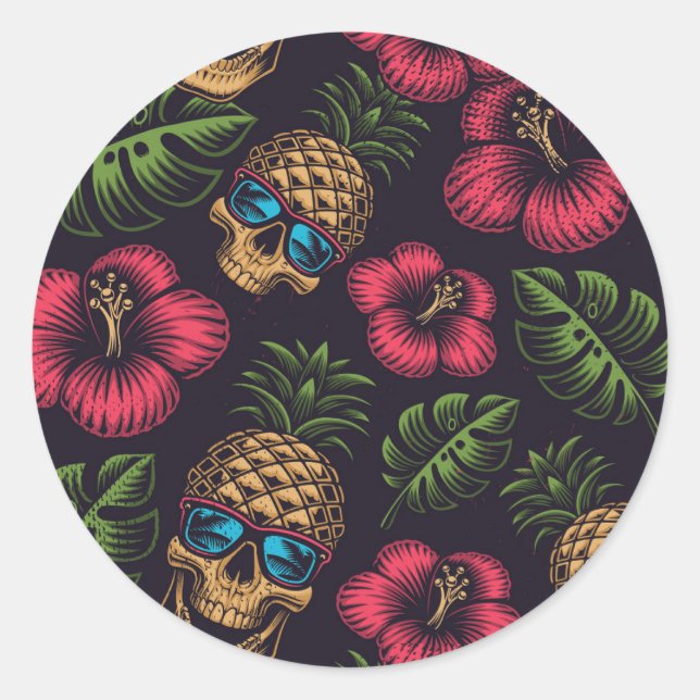 Pegatina Redonda Calaveras tropicales de piña (Anverso)