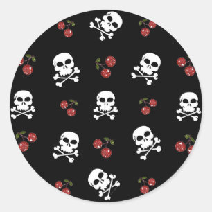 Pegatina Redonda Calaveras y Cerezas RAB Rockabilly en Negro