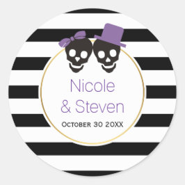 Pegatina Redonda Calaveras y rayas boda de Halloween púrpura