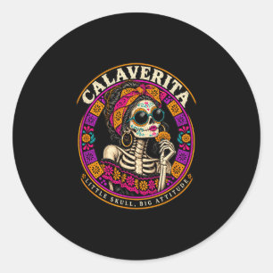 Pegatina Redonda Calaverita día de los muertos cráneo de mujer