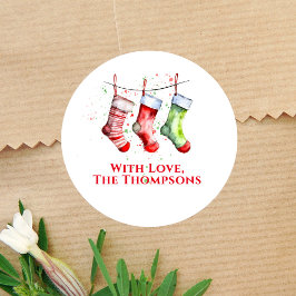 Pegatina Redonda Calcetín de Navidad con Acuarela Colorida Personal