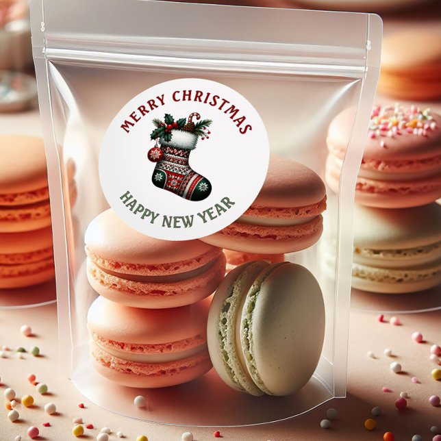 Pegatina Redonda Calcetín Navideño Rojo y Verde de Navidad y Año Nu (Subido por el creador)