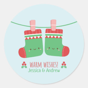 Pegatina Redonda Calcetines de Navidad con Deseos Cálidos y Lindos 