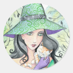 Pegatina Redonda Calcomanías de bruja de Halloween verde y gato ati