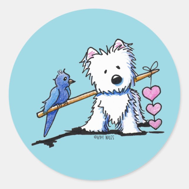 Pegatina Redonda Calcomanías de Heart Strings Westie (Anverso)