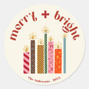 Pegatina Redonda Calcomanías de Navidad Merry + Bright ilustradas a