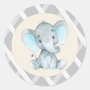 Pegatina Redonda Calcomanías para Baby Shower de Niño Elefante Azul