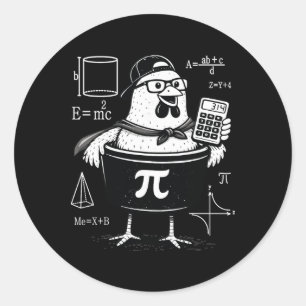Pegatina Redonda Calculadora divertida de pollo sosteniendo una oll