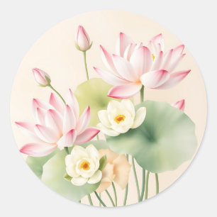 Pegatina Redonda Calcular las flores de Lotus en acuarela