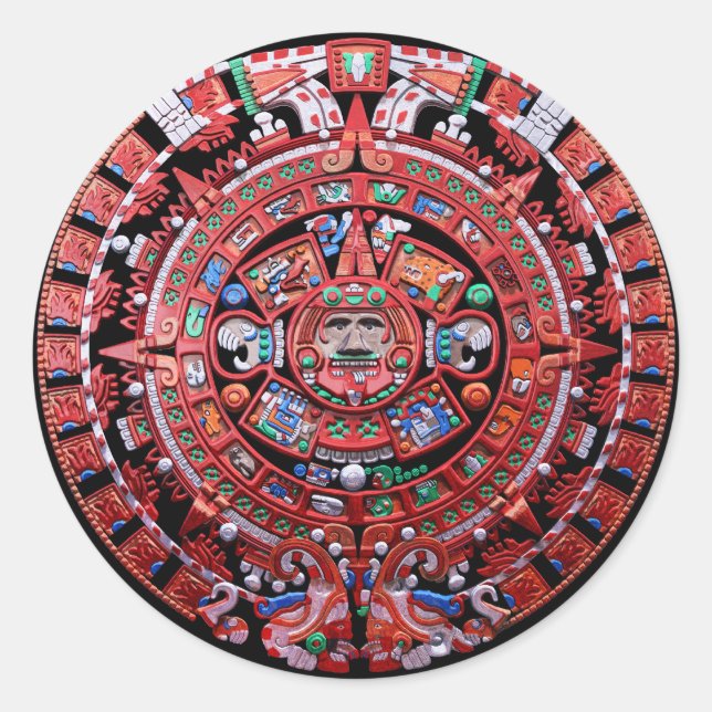 Pegatina Redonda Calénder de piedra solar maya metalizado (Anverso)