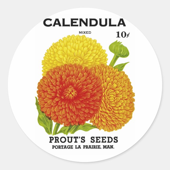 Pegatina Redonda Calendula Vintage Seed Pack (Anverso)