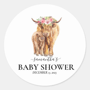 Pegatina Redonda Calf Baby Shower de color de agua de vaca Highland