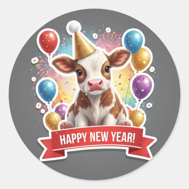 Pegatina Redonda Calf New Year Party Sticker (Anverso)