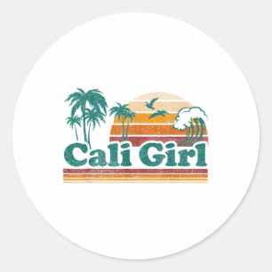 Pegatina Redonda Cali Chica California Beach Summer Vacation Vintag