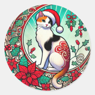 Pegatina Redonda Calico Cat Navidades