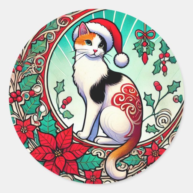 Pegatina Redonda Calico Cat Navidades (Anverso)