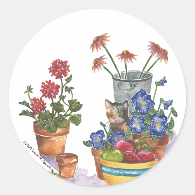 Pegatina Redonda Calico Cat Pansies manzanas acuarela "Paloma" (Anverso)