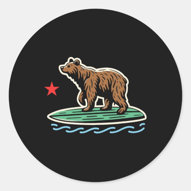 Pegatina Redonda California Republic Beach Bear Surfboard Surfing S (Anverso)