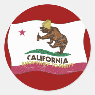 Pegatina Redonda California sabe cómo llevar el oso Fiesta