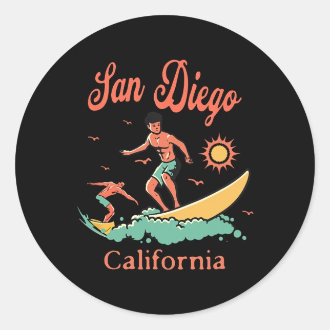 Pegatina Redonda California San Diego Ca Surfer Surfing Beach Vacat (Anverso)
