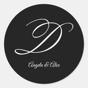 Pegatina Redonda Caligrafía de Boda Letra D Mayúscula Elegante