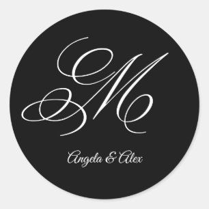 Pegatina Redonda Caligrafía de boda Letra M mayúscula monograma