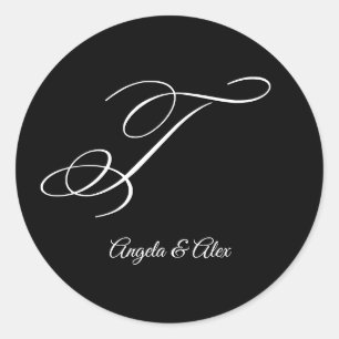 Pegatina Redonda Caligrafía de Boda Letra T Monograma Elegante