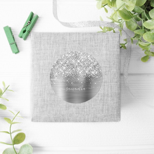 Pegatina Redonda Caligrafía de firma Purpurinoso Silver Girly (Personalized Signature Style Favor Stickers)