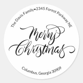 Pegatina Redonda Caligrafía de guión de llamada Feliz Navidad Direc