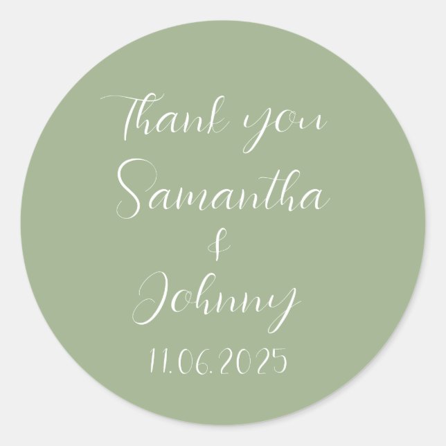 Pegatina Redonda Caligrafía de sabio verde Boda de pareja elegante (Anverso)