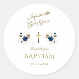 Pegatina Redonda Caligrafía dorada floral rosa azul gemelos bautism