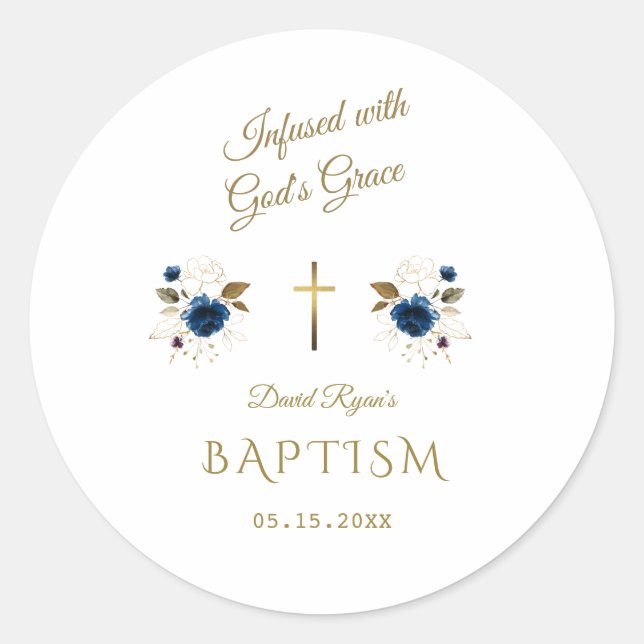 Pegatina Redonda Caligrafía dorada floral rosa azul gemelos bautism (Anverso)