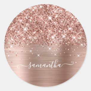 Pegatina Redonda Caligrafía Femenina Dorado Rosa Brillante Signatur