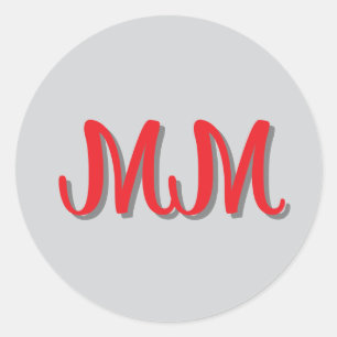 Pegatina Redonda Caligrafía gris rojo monogramada