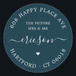 Pegatina Redonda Caligrafía La dirección de retorno del futuro Boda<br><div class="desc">Boda redondo simple, elegante o plantilla de etiqueta de dirección de retorno de compromiso con tipografía blanca sobre fondo azul verde azulado profundo. El color de fondo se puede seleccionar libremente en el nivel de diseño. Estas elegantes etiquetas de dirección, fáciles de personalizar, incluyen el texto "The Future Mrs. and...</div>